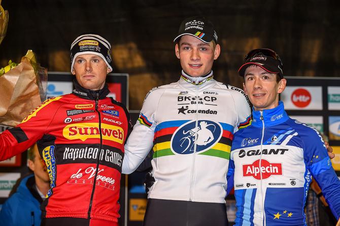 The podium of Kevin Pauwels (Sunweb-Napoleon Games), Mathieu van der Poel (BKCP-Corendon) and Lars van der Haar .jpg